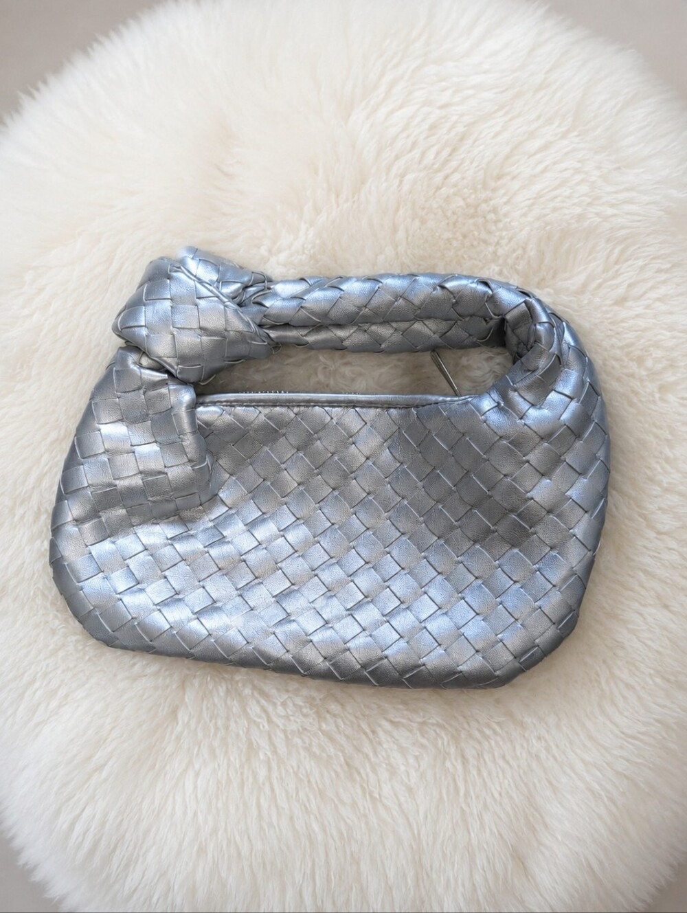 Silver Metallic Woven Knot Handle Hobo Shoulder Bag